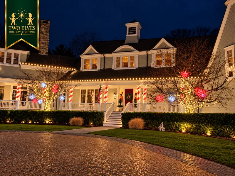 Wraparound-porch home with candy-cane columns, lit trees and red and blue accents