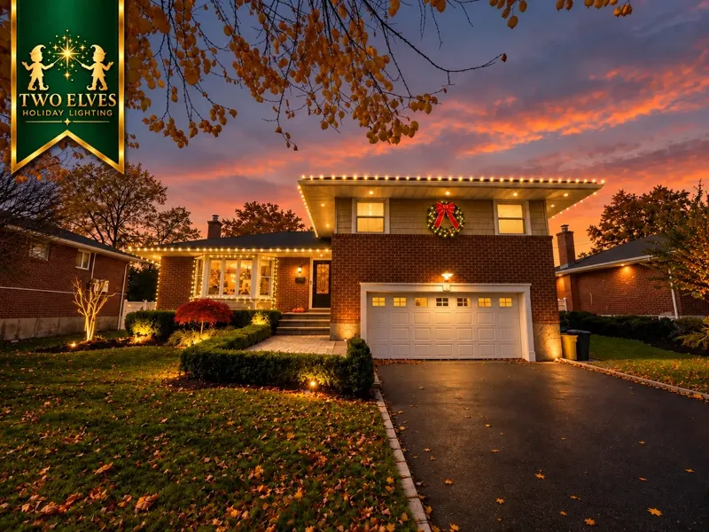 Split-level home at sunset with roofline lighting and wreath