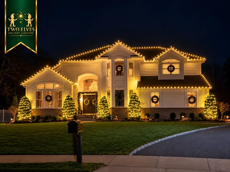 White home with lit trees, wreaths and warm-white architectural lighting