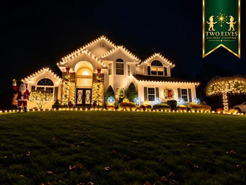 Large white home with warm-white roofline lighting, wrapped columns and lit landscaping