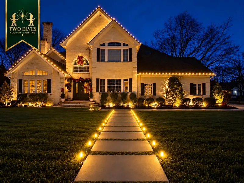 White brick home with illuminated walkway and warm-white roofline
