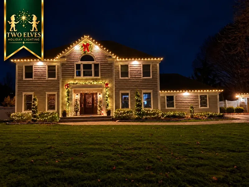 Shingle-style home with roofline lights, garland entry and lit shrubs