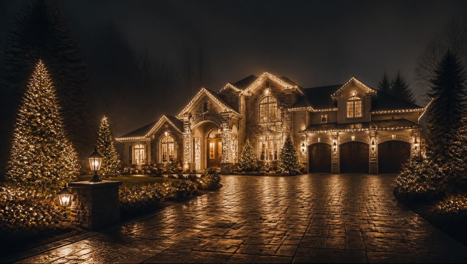 Luxury home glowing with warm white holiday lights along the rooflines