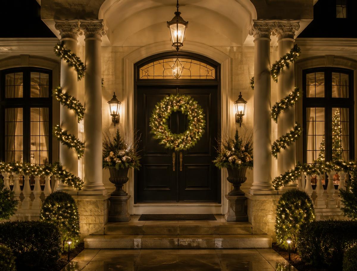 Lit wreath and garland framing an elegant front entryway at night