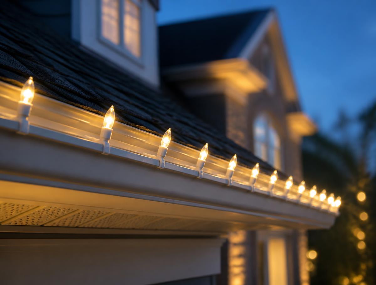 Warm white holiday lights installed cleanly along a home's roofline